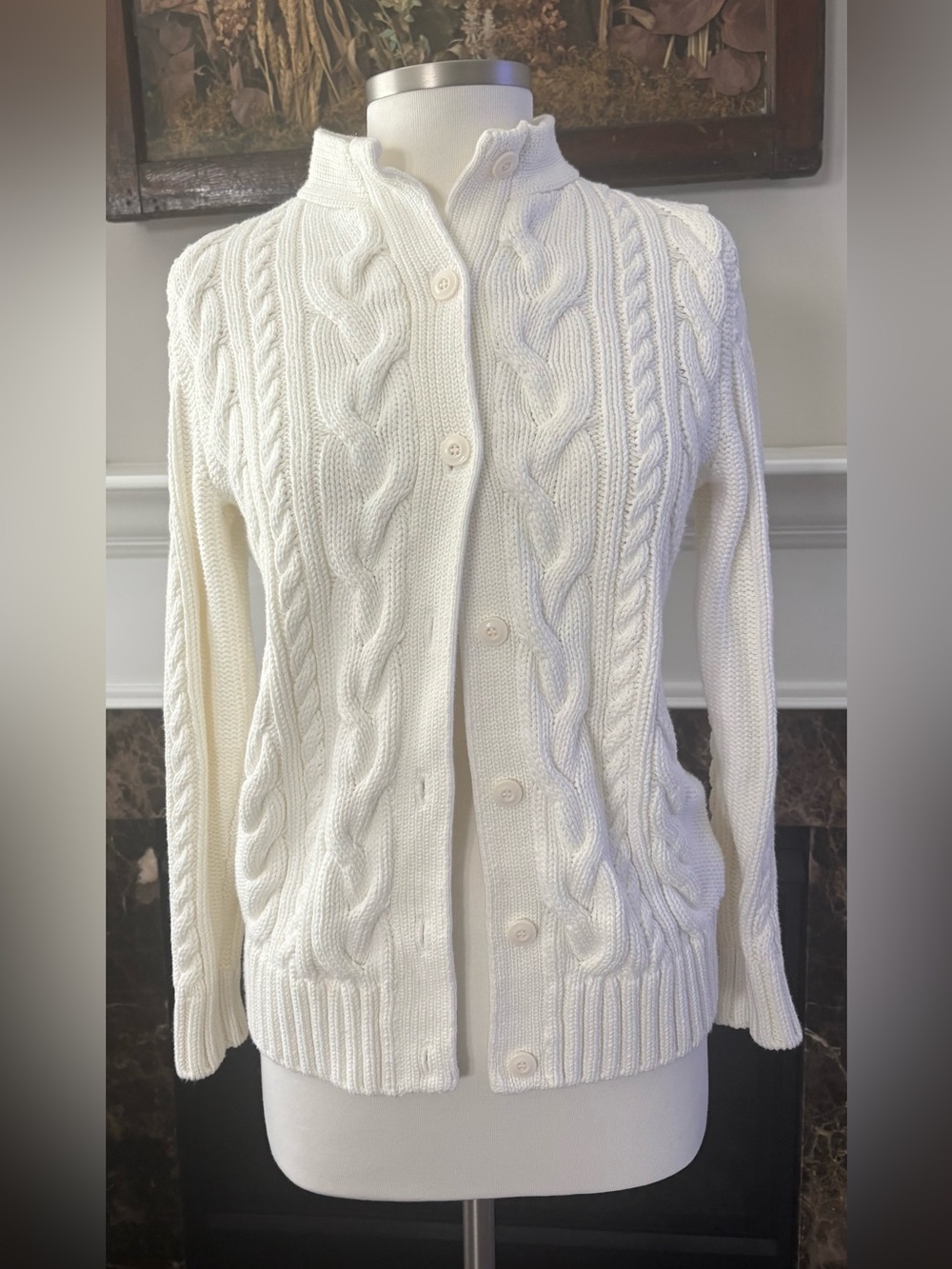 L.L.Bean Fisherman Cable Knit Button Cardigan Cream Cottagecore Small